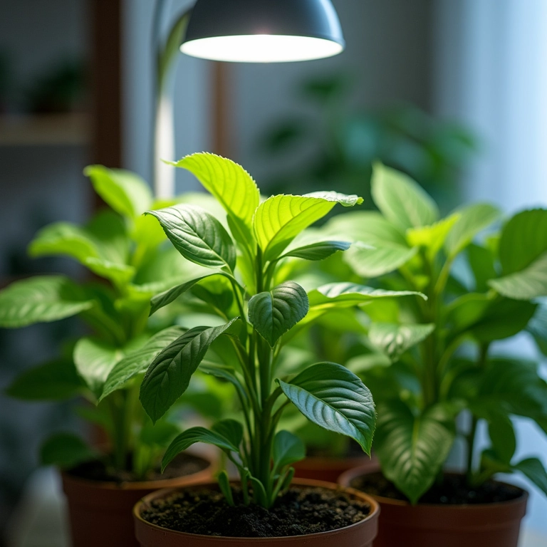 Planta de arruda crescendo sob luzes de cultivo em apartamento iluminado.