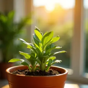 Planta de arruda exuberante em vaso de barro, sob a luz do sol, simbolizando proteção contra o mau olhado.