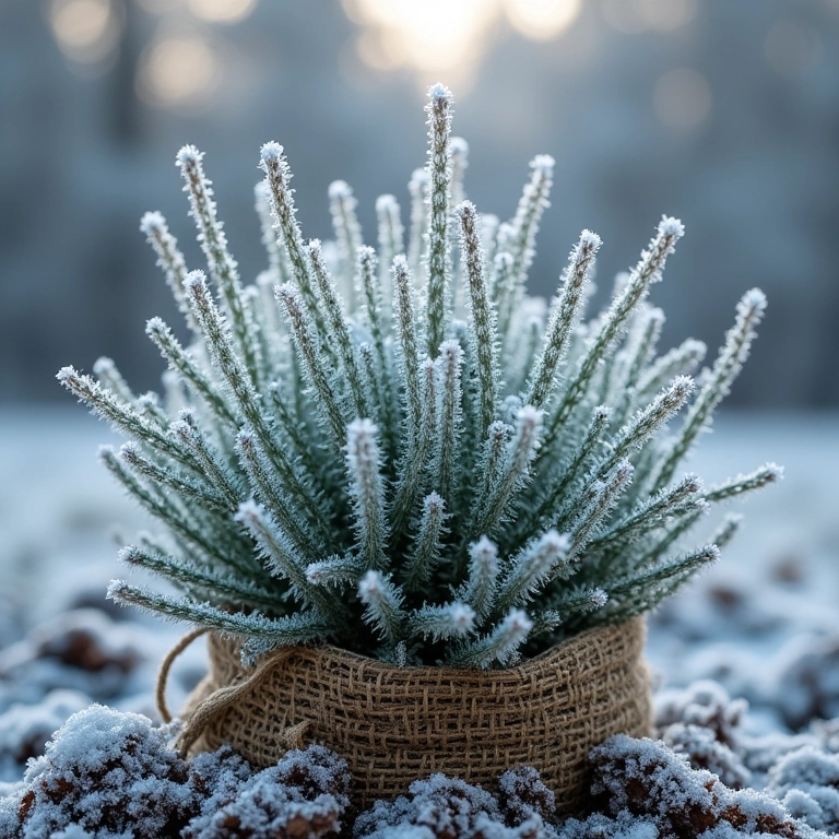 Planta de arruda levemente coberta de geada, protegida com juta.