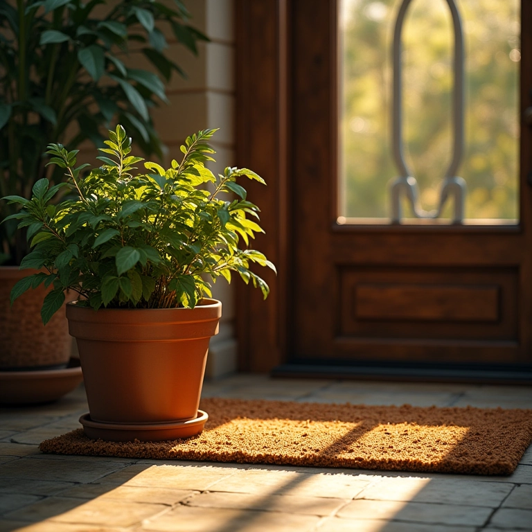 Planta de arruda perto da porta da frente, luz solar.