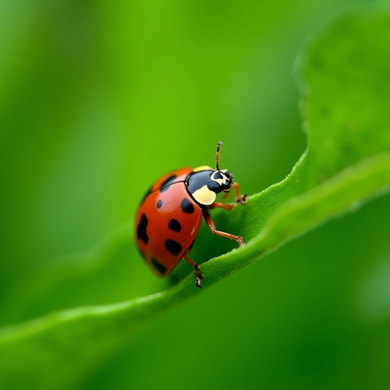 Planta de arruda sendo pulverizada com pesticida orgânico, joaninha na folha.