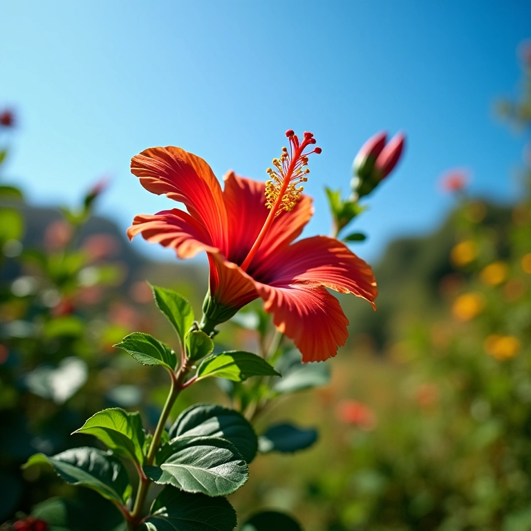 Planta de hibisco crescendo em um jardim ensolarado.