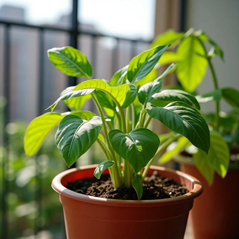 Planta de jiló crescendo em vaso na varanda.