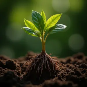 Planta murcha com raízes podres visíveis no solo.