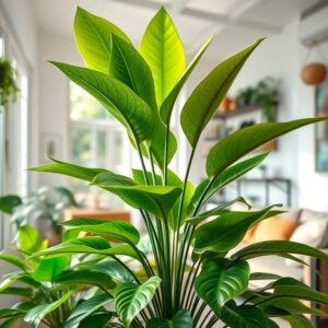 Planta Zamioculca exuberante em sala de estar brasileira iluminada.
