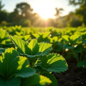 Plantação de jiló exuberante sob a luz do sol, horta vibrante.