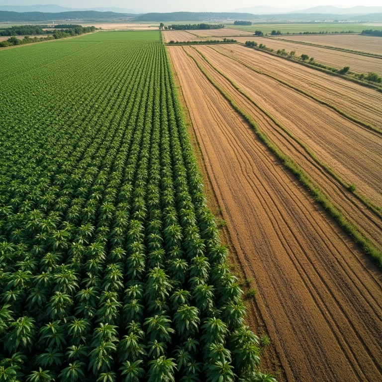 Plantação de soja transgênica contrastando com terra devastada. Pergunta: 'Transgênicos prejudicam o meio ambiente?'