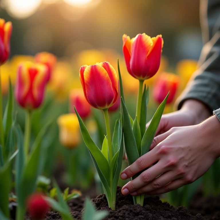 Plantando bulbos de tulipas no outono.