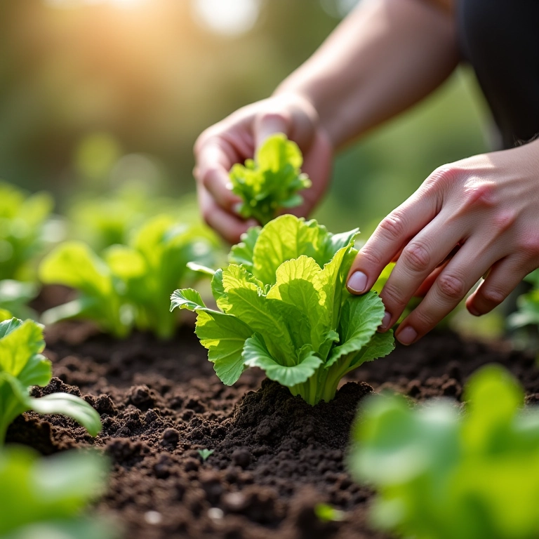 Plantando mudas de alface na horta.