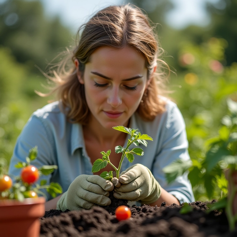 Plantando mudas de tomate cereja em vaso.