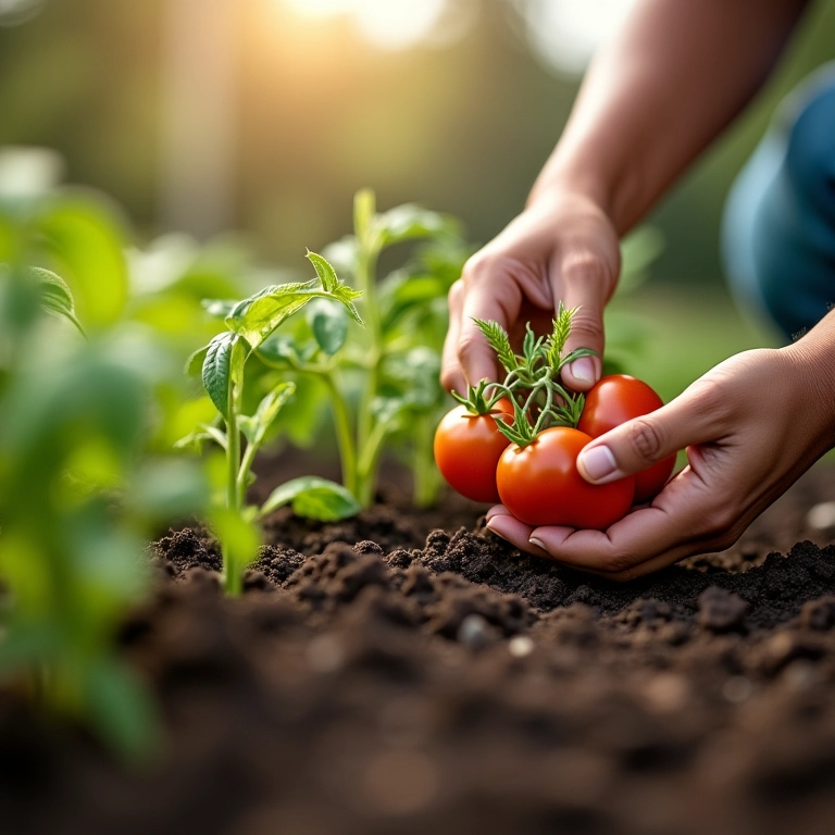Plantando mudas de tomate em solo preparado, regador ao lado.