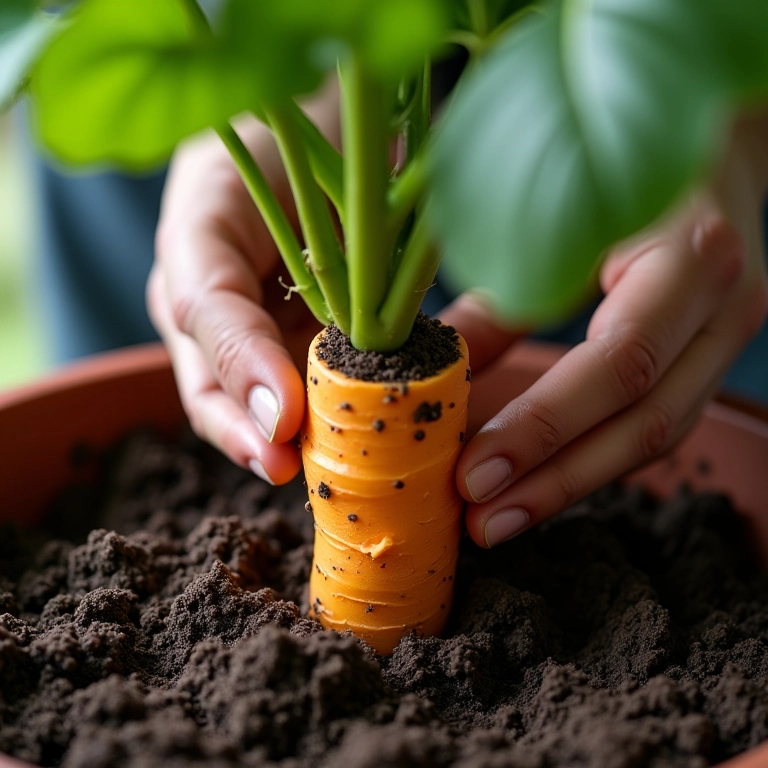 Plantando rizoma de açafrão em vaso com terra preparada.