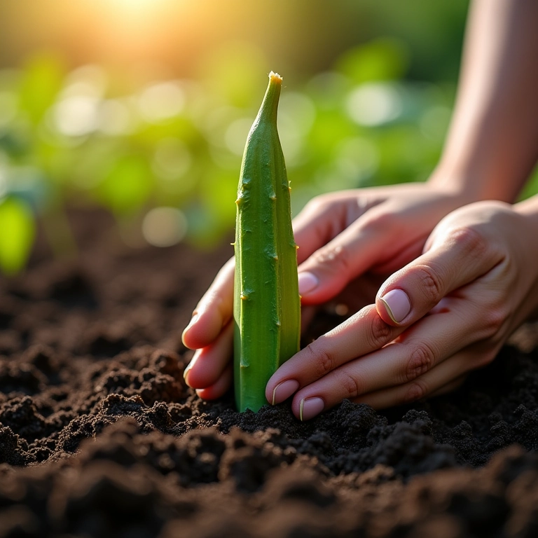 Plantando sementes de quiabo no solo.