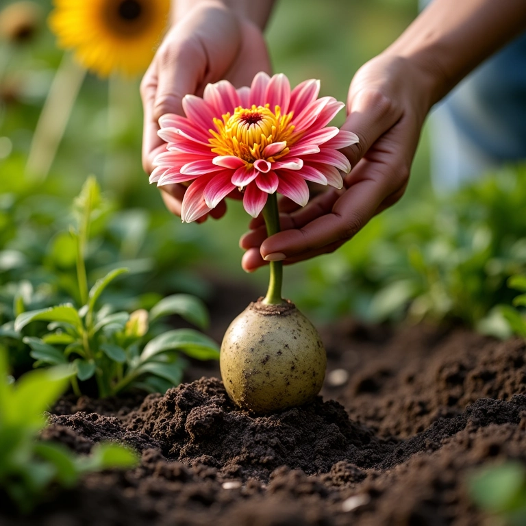 Plantando tubérculos de dália passo a passo no jardim.