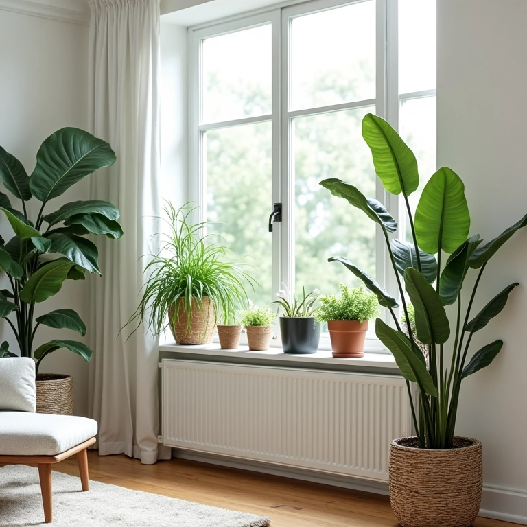 Plantas altas na sala de estar, criando uma sensação de verticalidade.