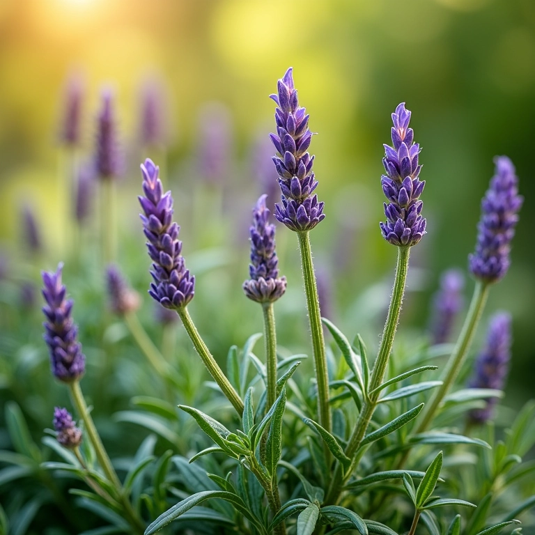Plantas aromáticas como lavanda, alecrim e manjericão em um jardim sensorial.