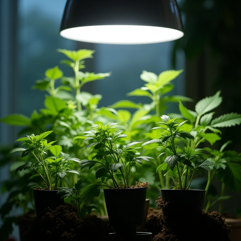 Plantas crescendo sob lâmpada de crescimento em apartamento.