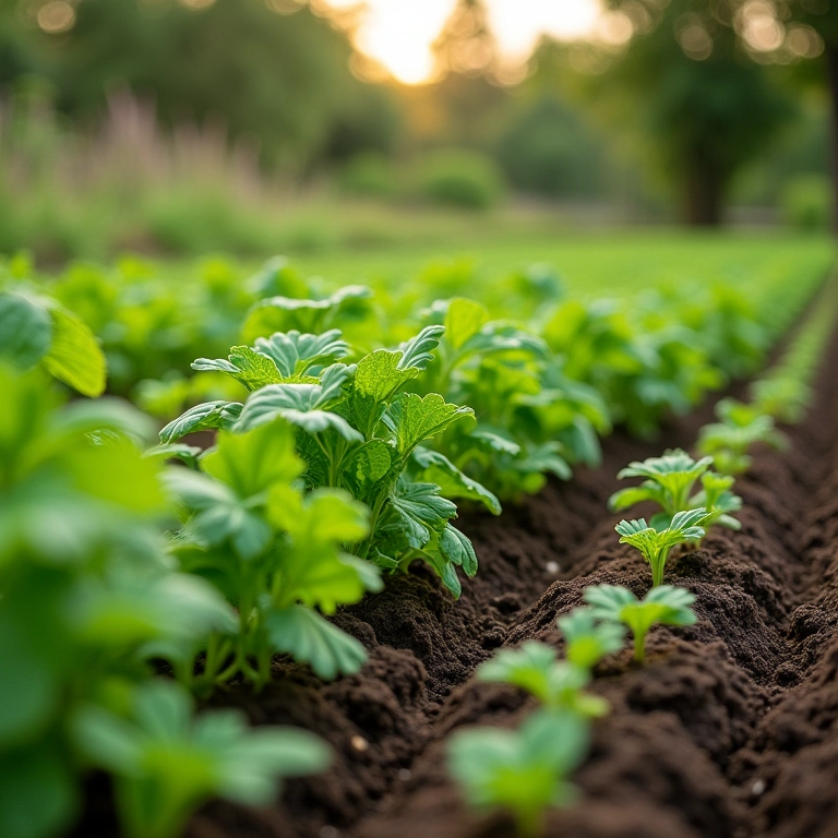 Plantas de cobertura crescendo entre as fileiras de vegetais.