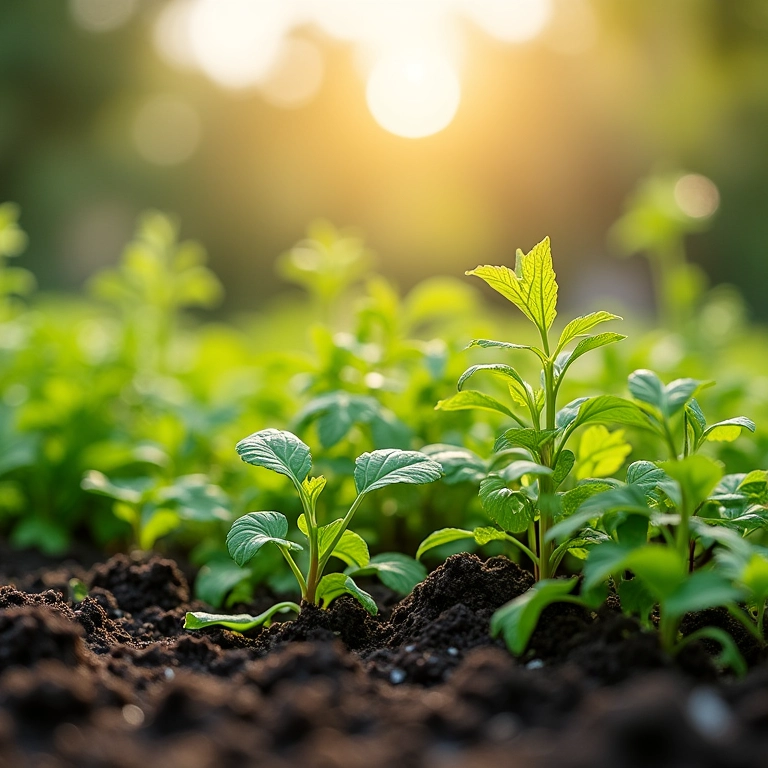 Plantas de forração mantendo a umidade do solo em um dia ensolarado.