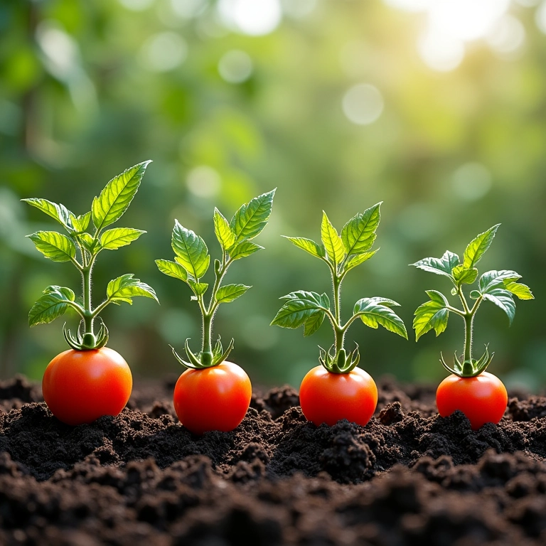 Plantas de tomate em diferentes estágios demonstrando rotação de culturas.