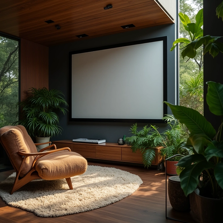 Plantas e elementos naturais em sala de cinema para um ambiente relaxante.