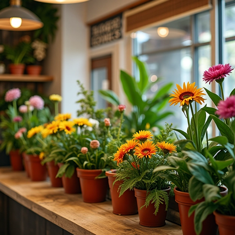 Plantas e flores adicionando um toque natural e acolhedor a uma sorveteria.