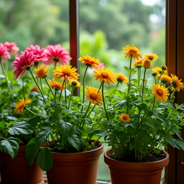 Plantas e flores coloridas em um bistrô alegre e convidativo.