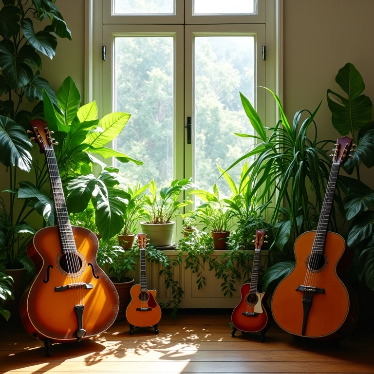 Plantas em sala de música com luz natural e instrumentos.