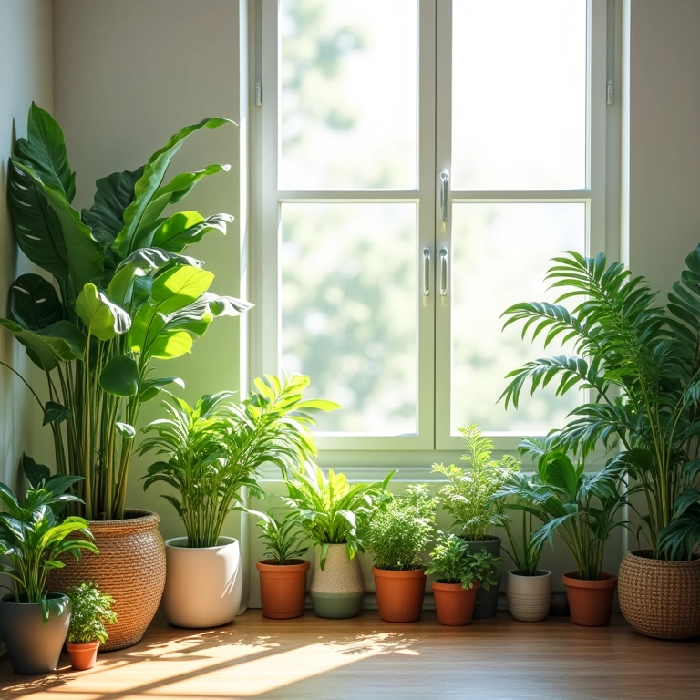 Plantas em vasos decorando uma sala de TV com iluminação natural.