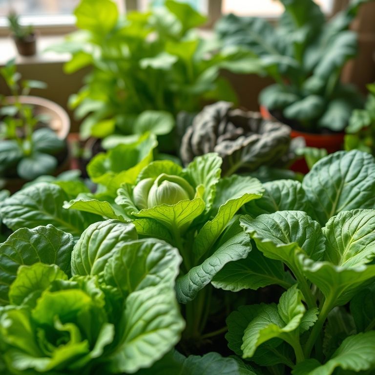 Plantas ideais para sombra: alface, espinafre e couve em horta interna.