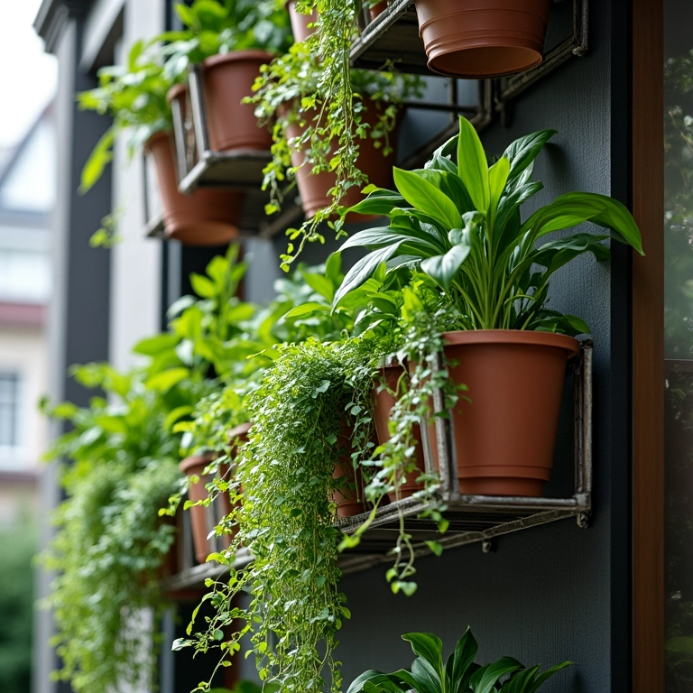 Plantas pendentes em um jardim vertical elegante em varanda.