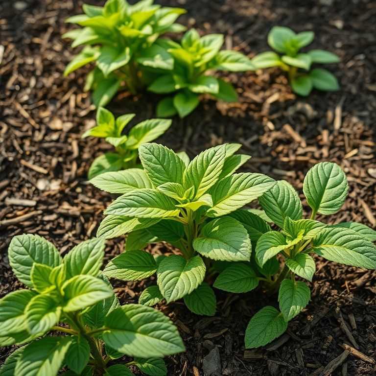 Plantas saudáveis cercadas por mulching, mostrando a diminuição de doenças.