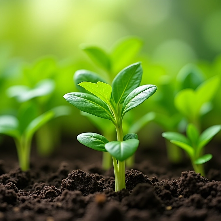 Plantas saudáveis com folhas verdes vibrantes crescendo em solo enriquecido com matéria orgânica.