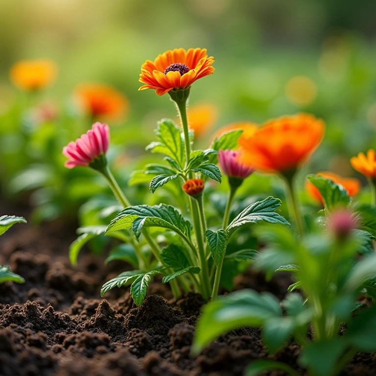 Plantas saudáveis crescendo em solo enriquecido com adubo.