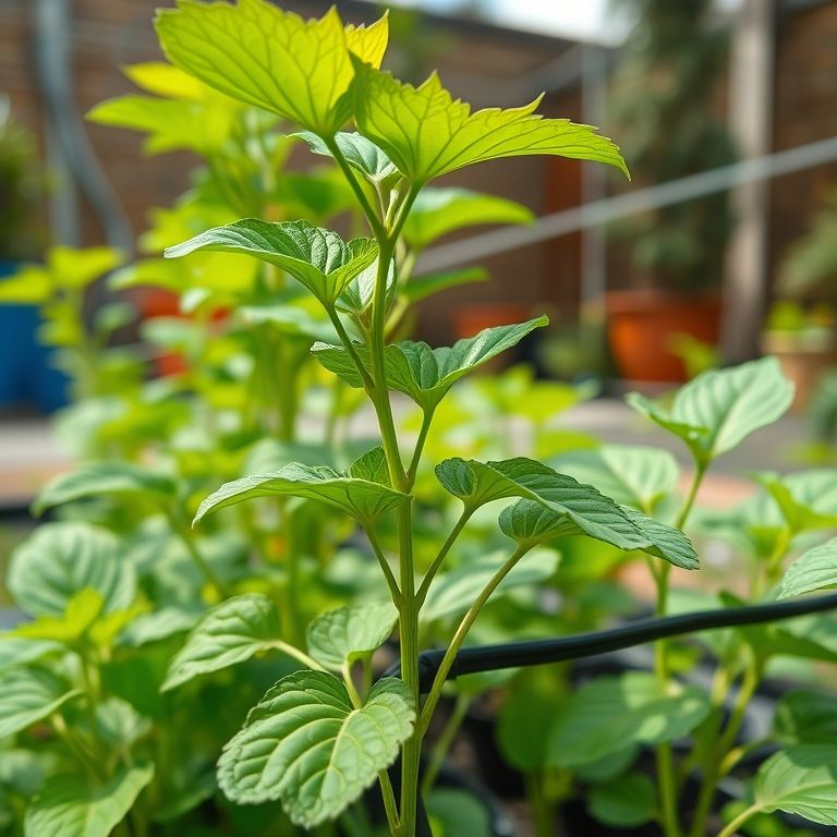 Plantas saudáveis e fortes crescendo com sistema de gotejamento.
