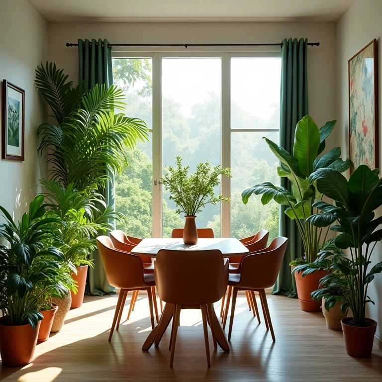 Plantas trazendo vida e cor para a sala de jantar.