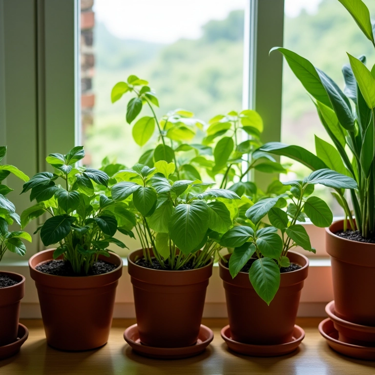 Plantas trazendo vida e frescor para uma lavanderia pequena.