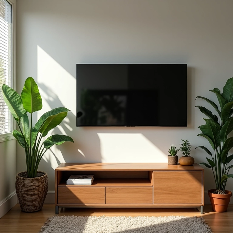 Plantas trazendo vida e frescor para uma sala de TV pequena.