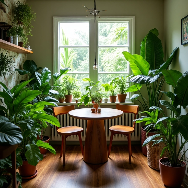Plantas trazendo vida para sala de jantar pequena.