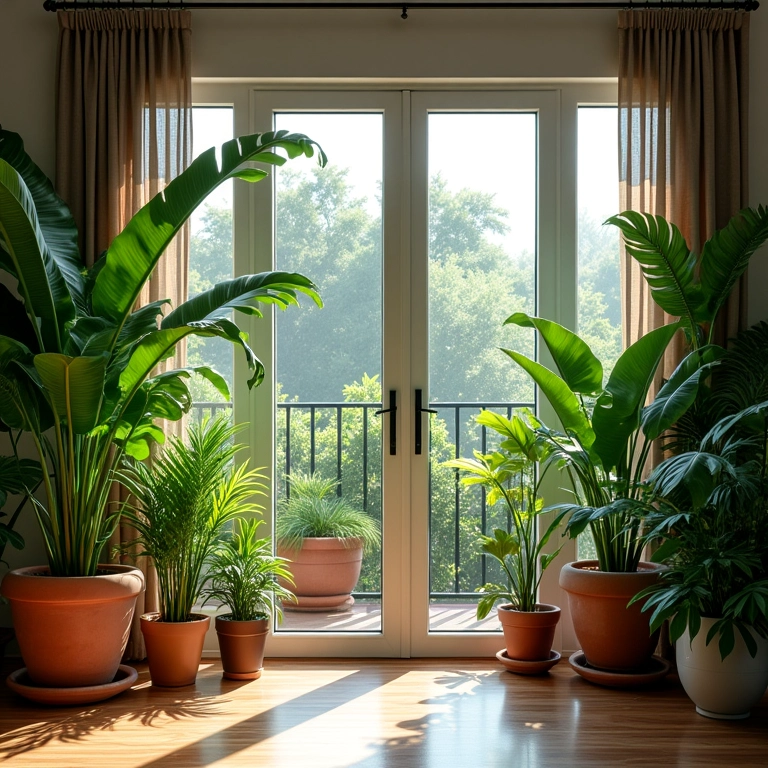 Plantas tropicais em sala e varanda integradas, vida e cor.