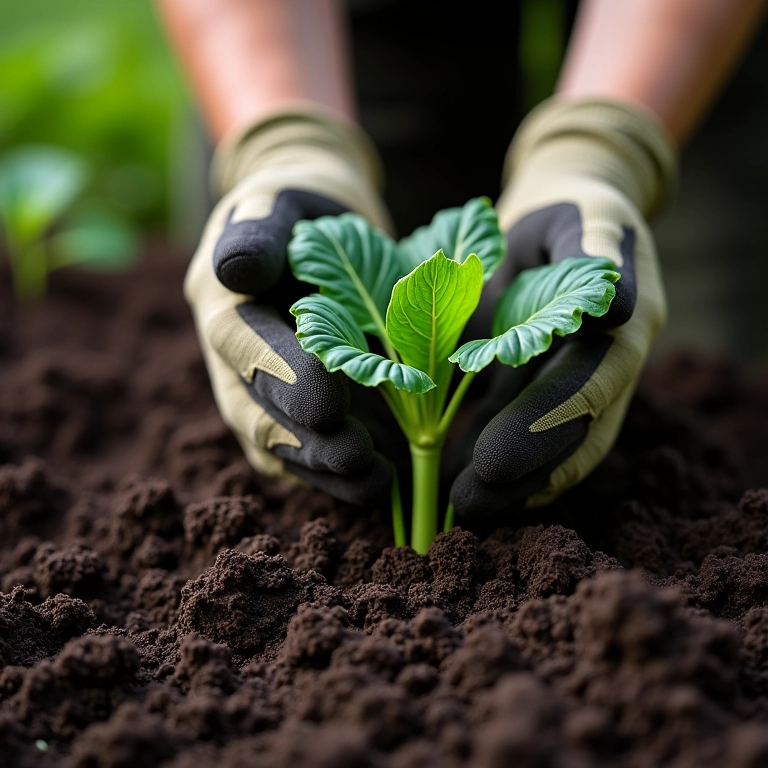 Plantio de brócolis em solo escuro e fértil.