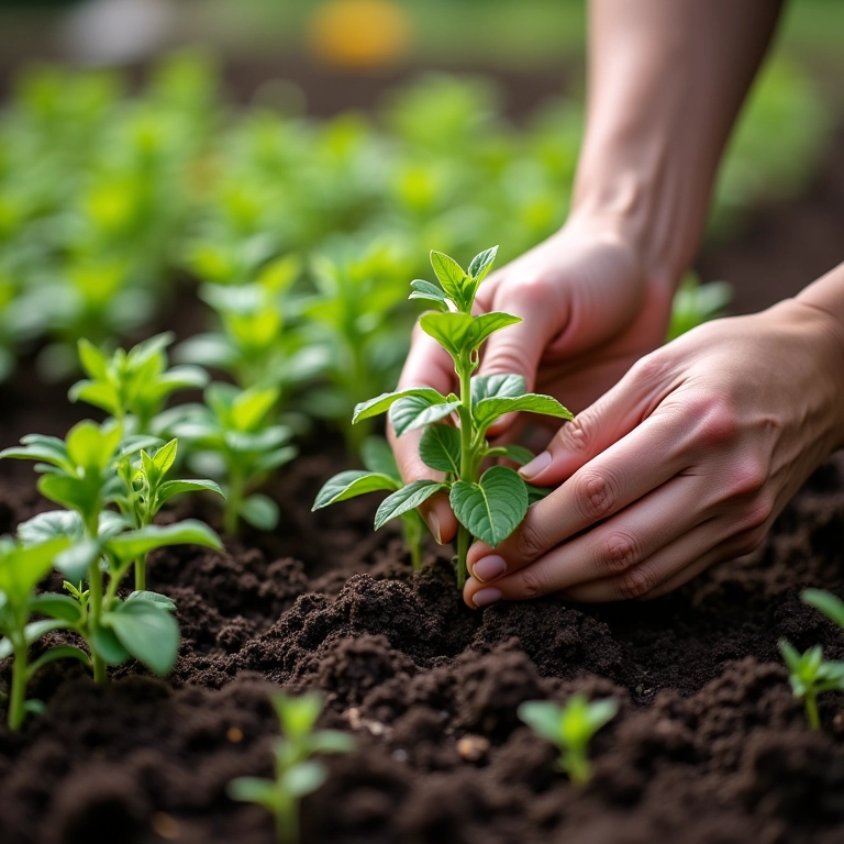 Plantio de mudas de estévia em canteiro preparado.