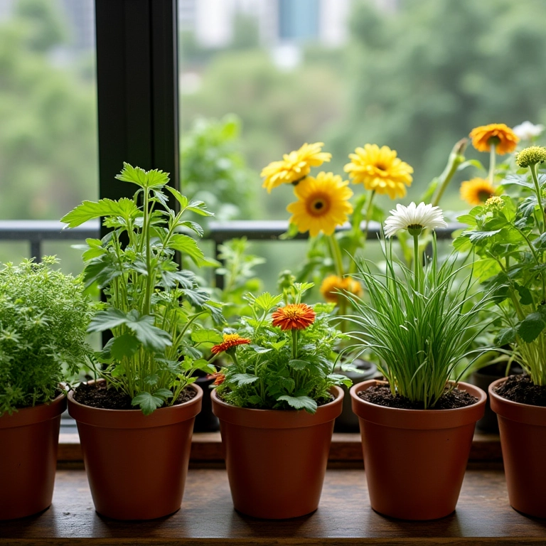 Plantio direto em vasos e jardineiras em uma varanda urbana.