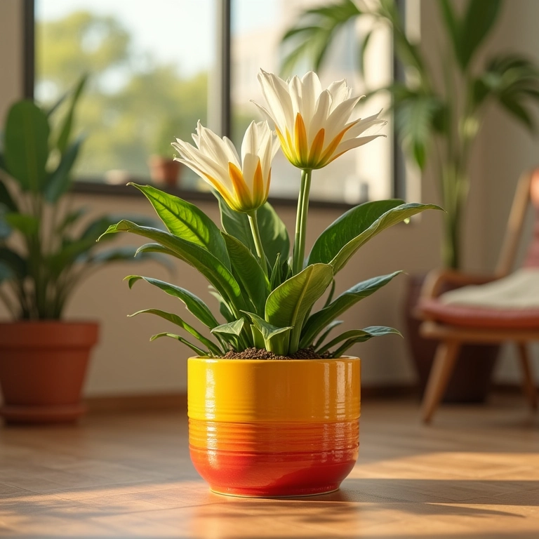 Pleomele em um vaso colorido em uma sala de estar ensolarada.
