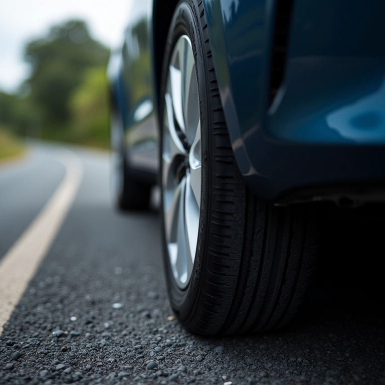 Pneu de carro elétrico com desgaste visível.