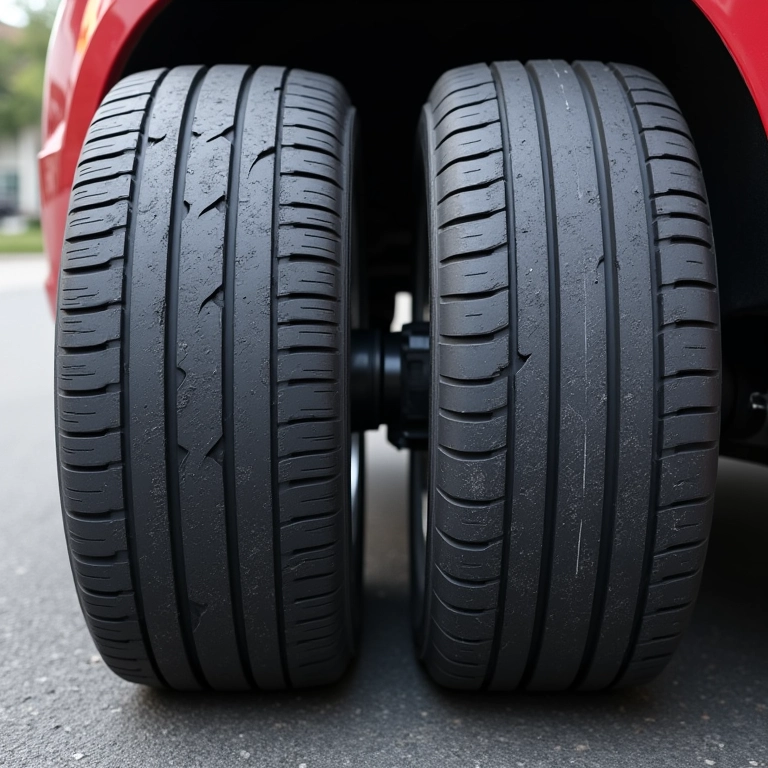 Pneu desalinhado com desgaste irregular versus pneu novo alinhado.