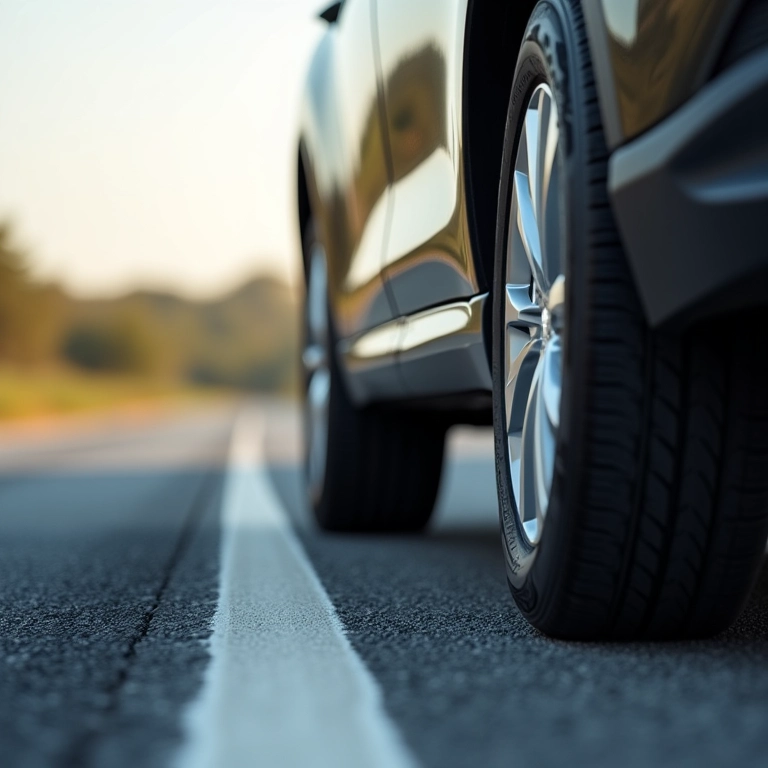 Pneus alinhados em estrada reta, representando estabilidade.