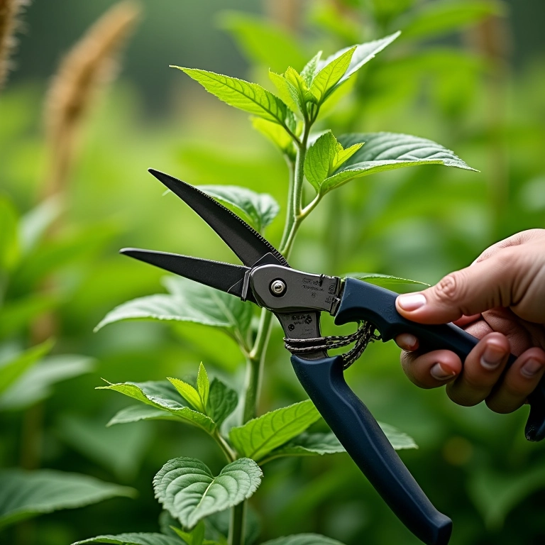 Poda de planta de estévia com tesoura de jardinagem.