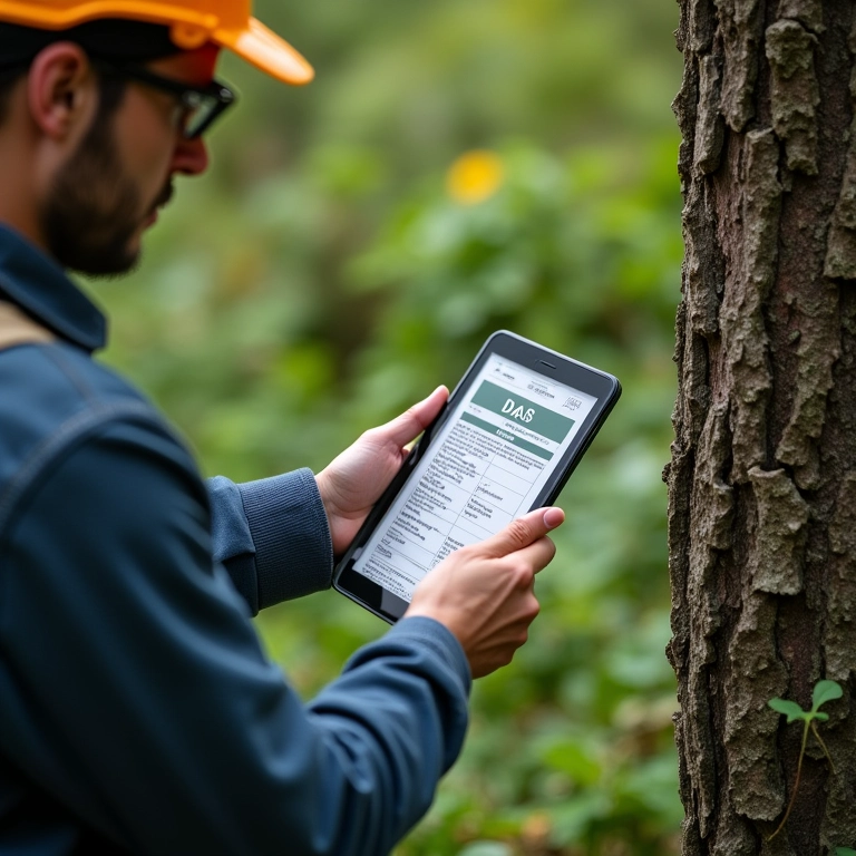 Podador de árvores analisando formulário de imposto simplificado em um tablet.
