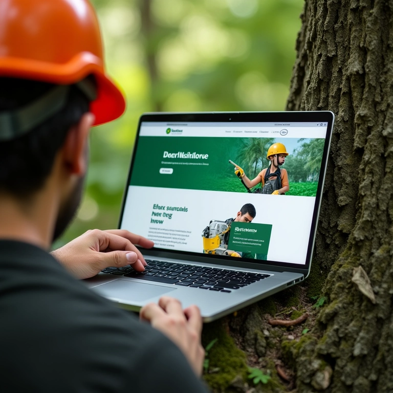 Podador de árvores analisando opções de empréstimo em um laptop.